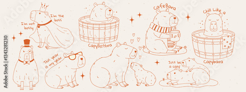 Funny capybara set with text. Set of rodents relaxing in barrel, drinking coffee, playing. Pencil or charcoal drawing. Hand drawn vector illustration.