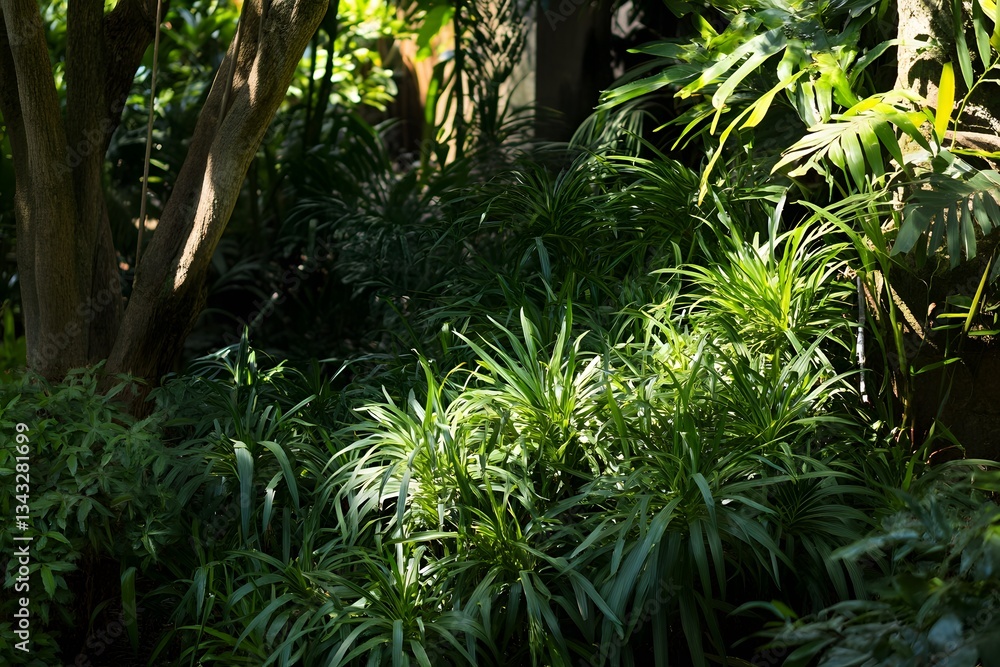 Fototapeta premium Lush Tropical Garden Plants Sunlight Green Foliage