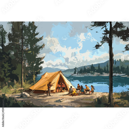 Group of friends a tent in the middle of the forest outdoors camping nature vector