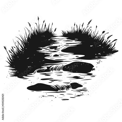 Small creek with flowing water art illustration black vector