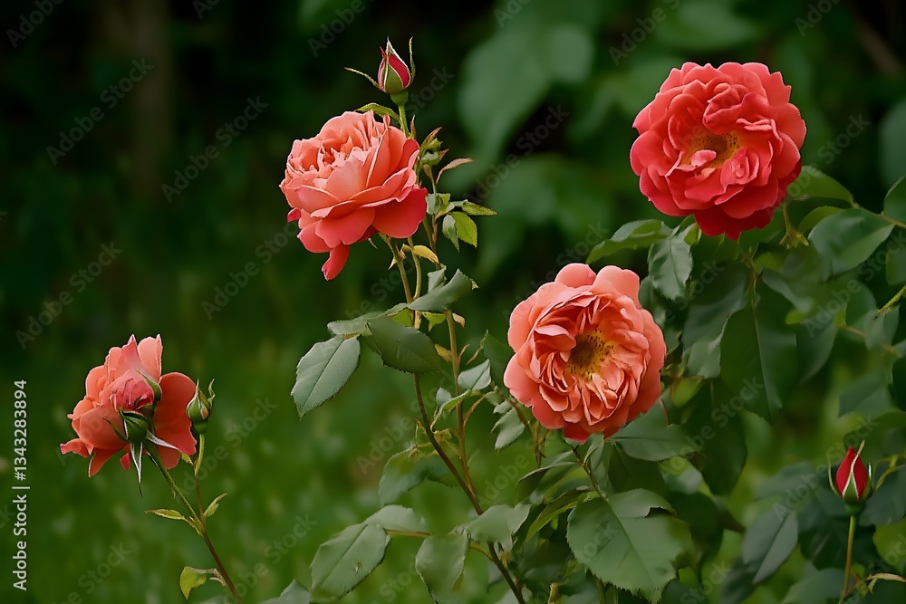 Fototapeta premium Blooming Coral Roses in Lush Garden
