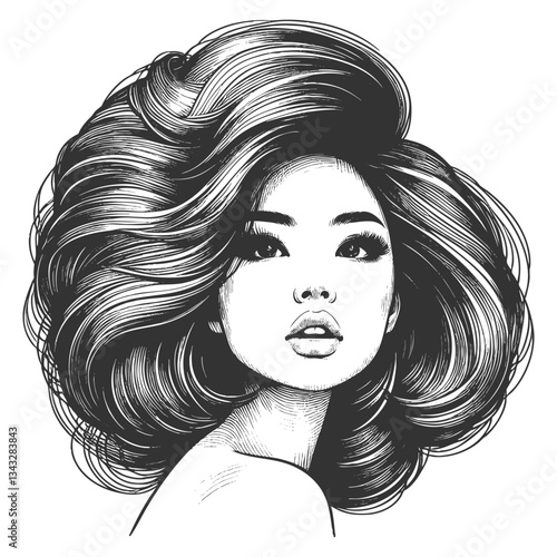 Asian woman with striking voluminous hair, showcasing elegance, beauty, and timeless fashion sketch engraving generative ai vector illustration. Scratch board imitation. Black and white image.