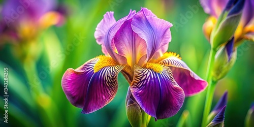 Close-up botanical illustration of an iris flower and leaf.