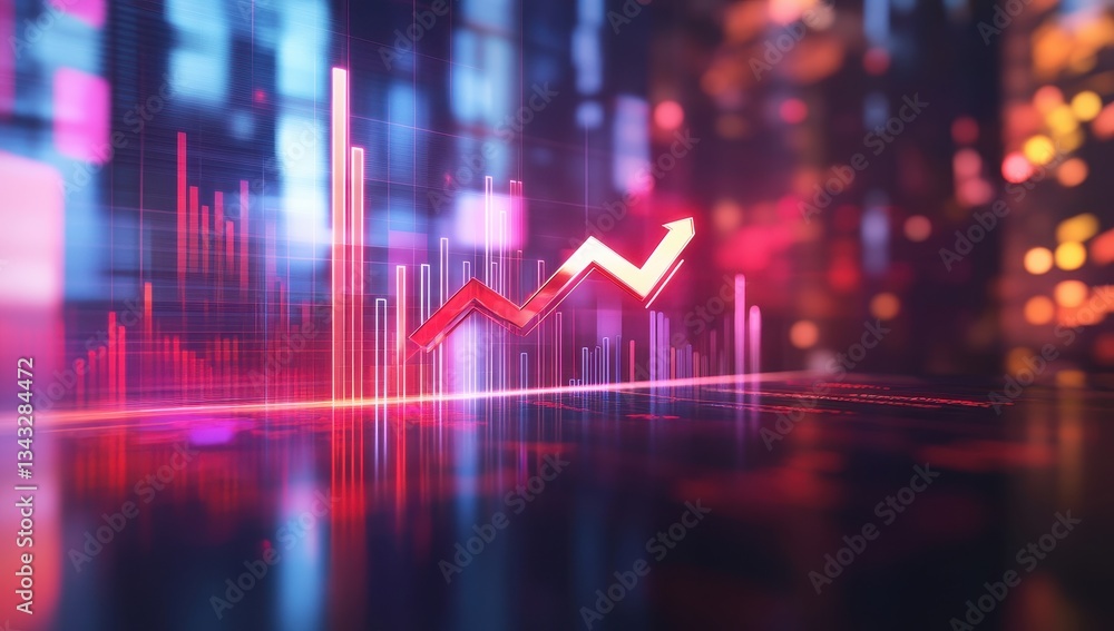 Fototapeta premium Abstract digital chart with glowing arrow and data bars.