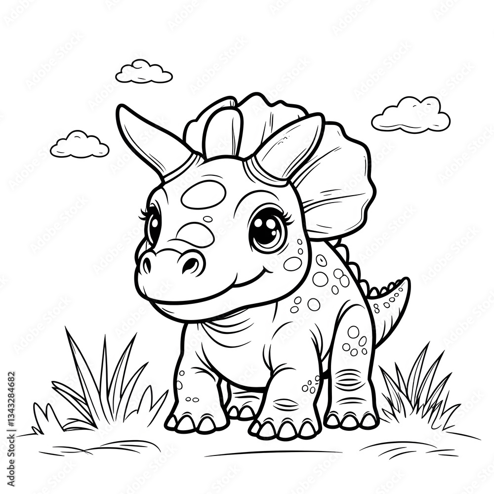 Fototapeta premium Enjoy a fun and relaxing coloring experience with this Kawaii Triceratops Coloring Page! This adorable baby Triceratops is designed in a simple, minimalist style with bold, clean outlines