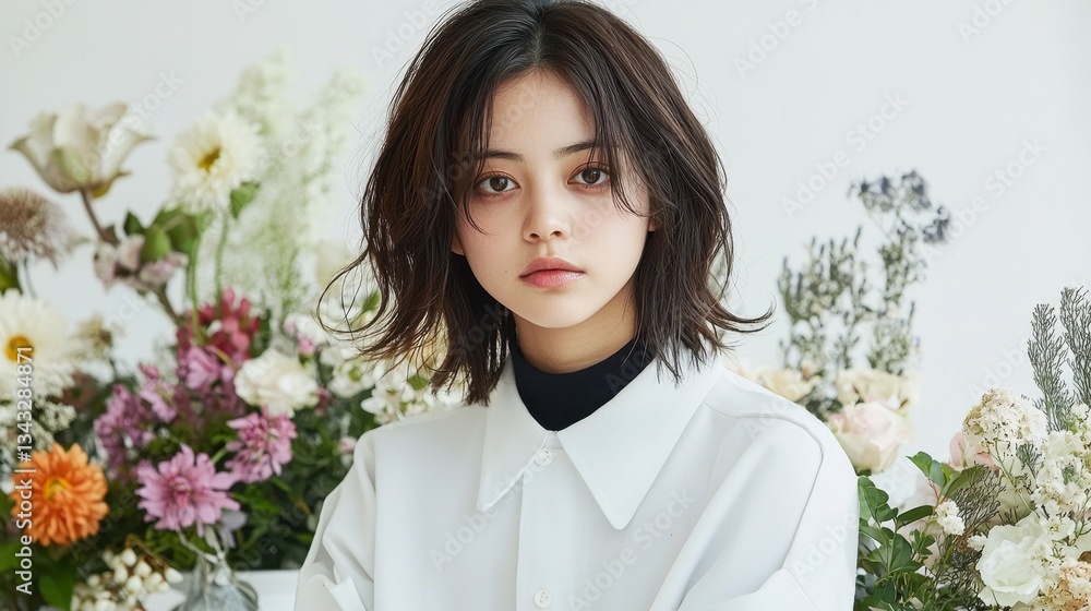 Young Woman Portrait With Floral Background