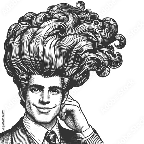 gentleman with an incredibly large, curly hairstyle, blending humor, surrealism, and vintage artistic style sketch engraving generative ai vector illustration. Scratch board. Black and white image.