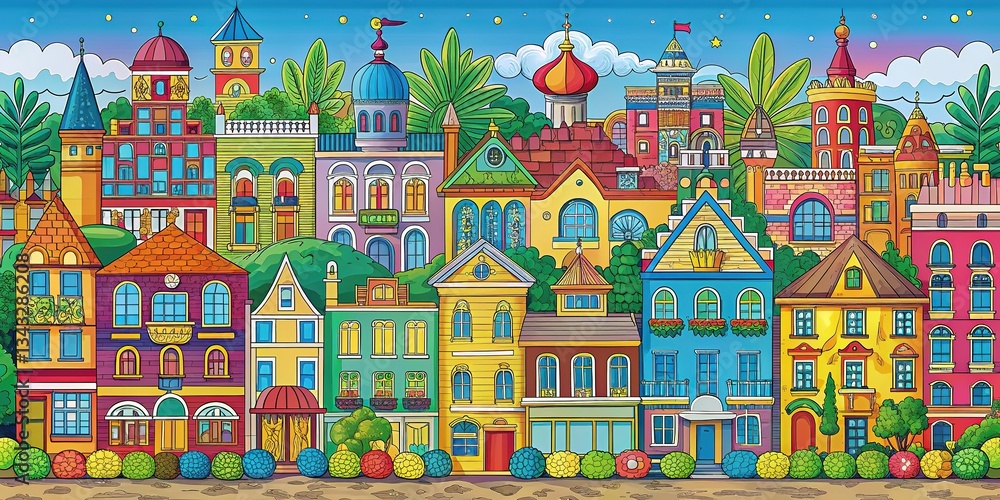 Obraz premium Colorful Cityscape Coloring Book Illustration