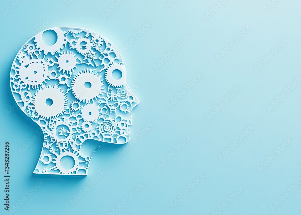 Human Head Silhouette Filled with Gears on Light Blue Background Human Head Silhouette Filled with Gears on Light Blue Background
