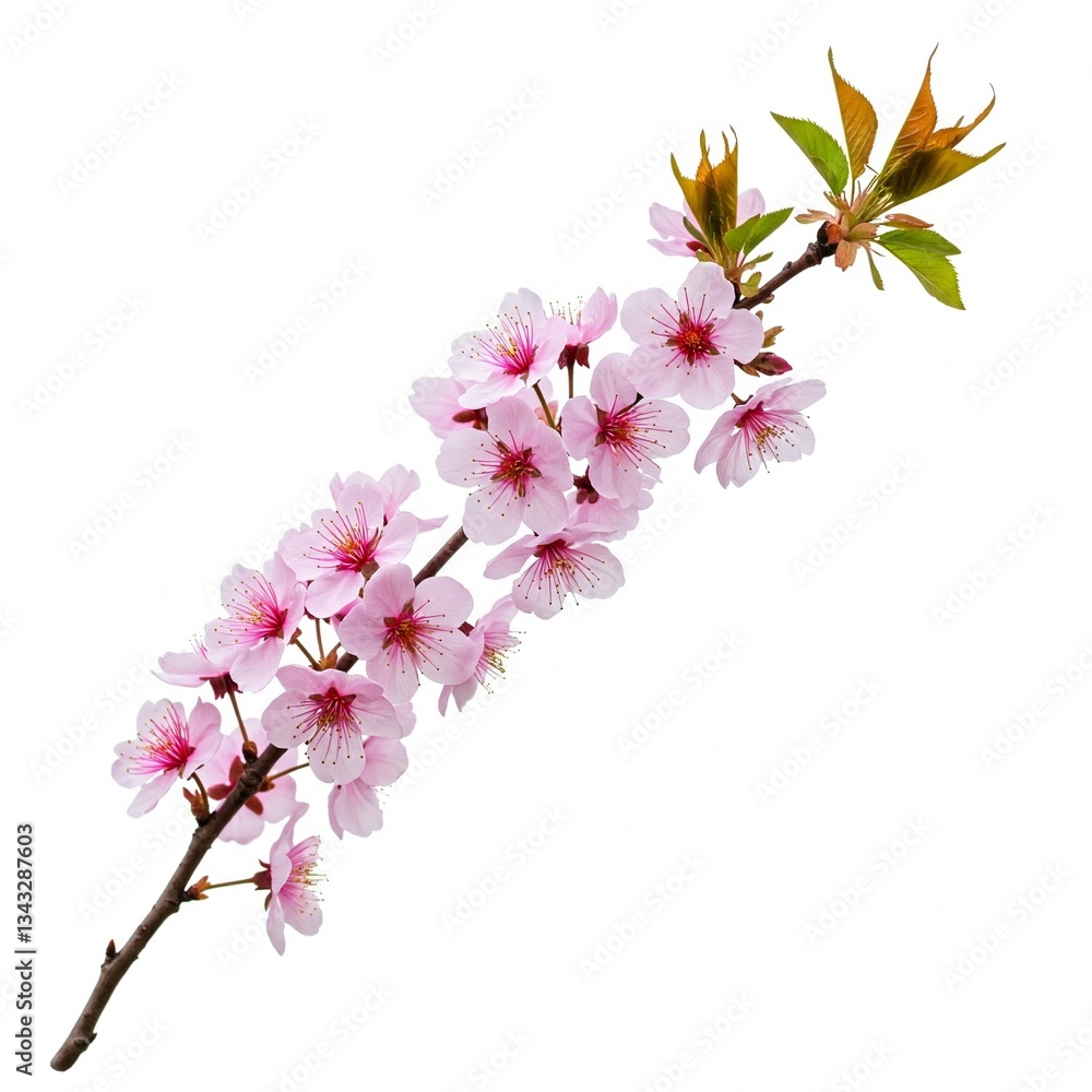 A beautiful cherry blossom branch blossoms showing its pink petals softly isolated on white background
A beautiful cherry blossom branch blossoms showing its pink petals softly isolated on white background