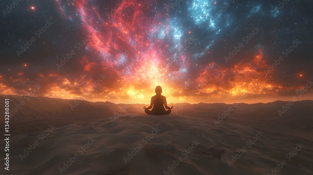 Serene meditation amidst a cosmic desert aurora