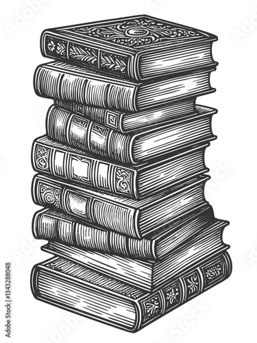 stacked pile of vintage books with ornate covers, representing knowledge, literature, and history sketch engraving generative ai vector illustration. Scratch board imitation. Black and white image.
