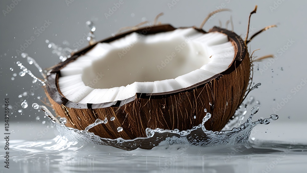 Coconut Splash: A halved coconut experiences a dramatic splash, captured in striking detail Coconut Splash: A halved coconut experiences a dramatic splash, captured in striking detail