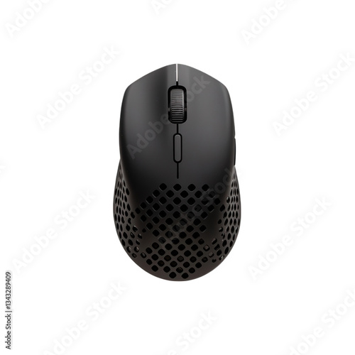 A sleek, modern gaming mouse featuring a perforated design for airflow and enhanced grip, ideal for gamers seeking performance and comfort, Transparent background.