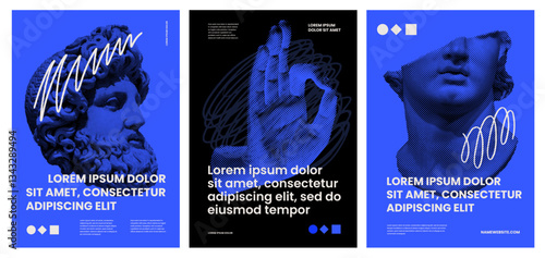 Set of posters with antique statues. Ancient Greek art and the culture of ancient Roman art. Modern poster templates for exhibitions. Typography and poster design.