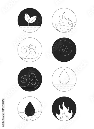 Circular elemental symbols for energy balance 2D line objects set. Air, fire, water, earth, spirit nature forces isolated cliparts vector ink outline items. Monochrome spot illustrations collection