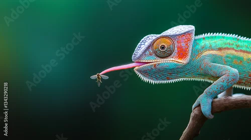 Fototapeta na wymiar A chameleon, frozen in time as its tongue shoots forward, snaring an insect.