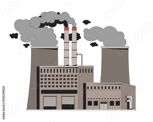 Industrial factory with smoke pollution 2D vector illustration. CO2 environment. Manufacturing plant with smokestacks carbon emissions flat scene isolated on white background. Colorful cartoon image