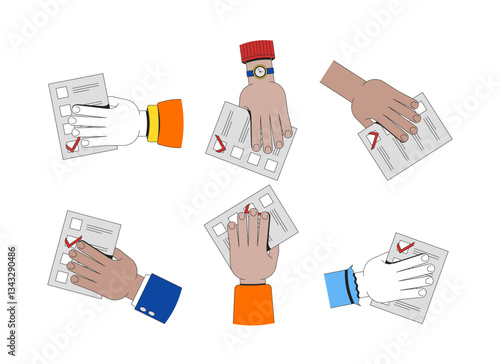 Multiple hands holding voting ballots vector illustration set. Diverse voters with questionnaire sheets checkmarks 2D cartoon images isolated on white. Editable flat cliparts colorful collection