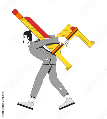 Weary man in tattered clothing carrying king throne on back 2D cartoon character. Male peasant struggling with burden weight flat vector person isolated on white. Spot illustration colorful