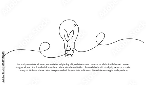 Continuous one line design of light bulb with growing plant. Minimalist style vector illustration on white background.