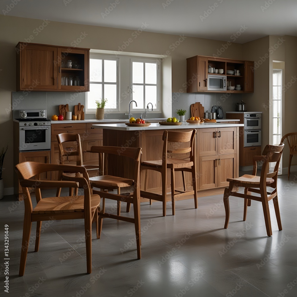 Fototapeta premium Bright Kitchen with Wooden Furniture and Natural Light from Two Windows