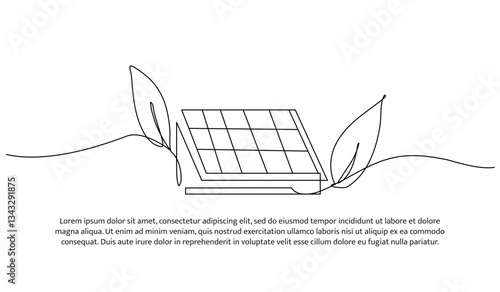 Continuous one line design of solar panel with green leaves. Minimalist style vector illustration on white background.