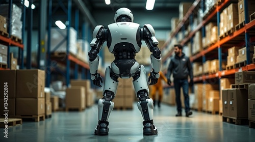 Wallpaper Mural A robot is standing in a warehouse with a man walking behind it. The robot is white and black and he is a robot from a sci-fi movie. The warehouse is filled with boxes and crates Torontodigital.ca