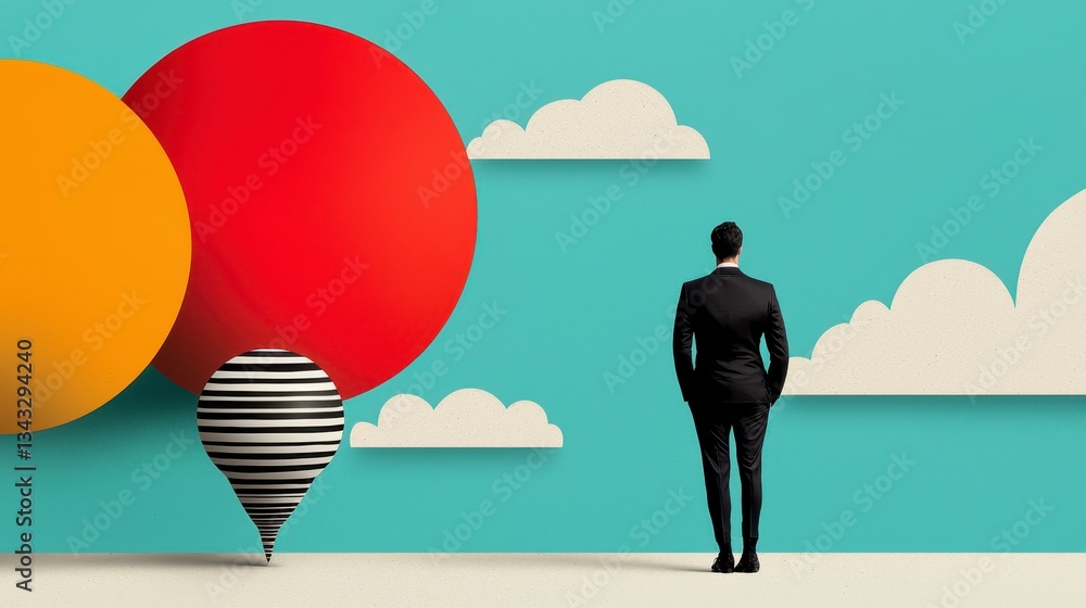 Businessman Contemplating Abstract Art Red Orange Circles and Clouds Businessman Contemplating Abstract Art Red Orange Circles and Clouds