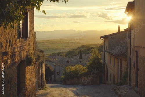 Fototapeta Naklejka Na Ścianę i Meble -  Montefalco, Umbria, Italy. Sunset Landscape of Old Town with Charming Streets and Sky View