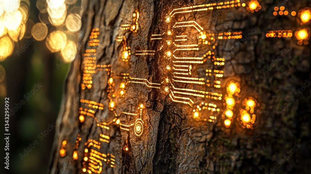 Glowing circuit board pattern on tree bark. Glowing circuit board pattern on tree bark.