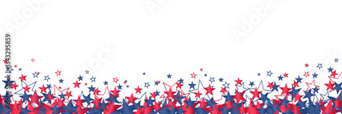 Red and blue stars in USA flag colors isolated on transparent background. 4th of July, American independence day stars template banner
