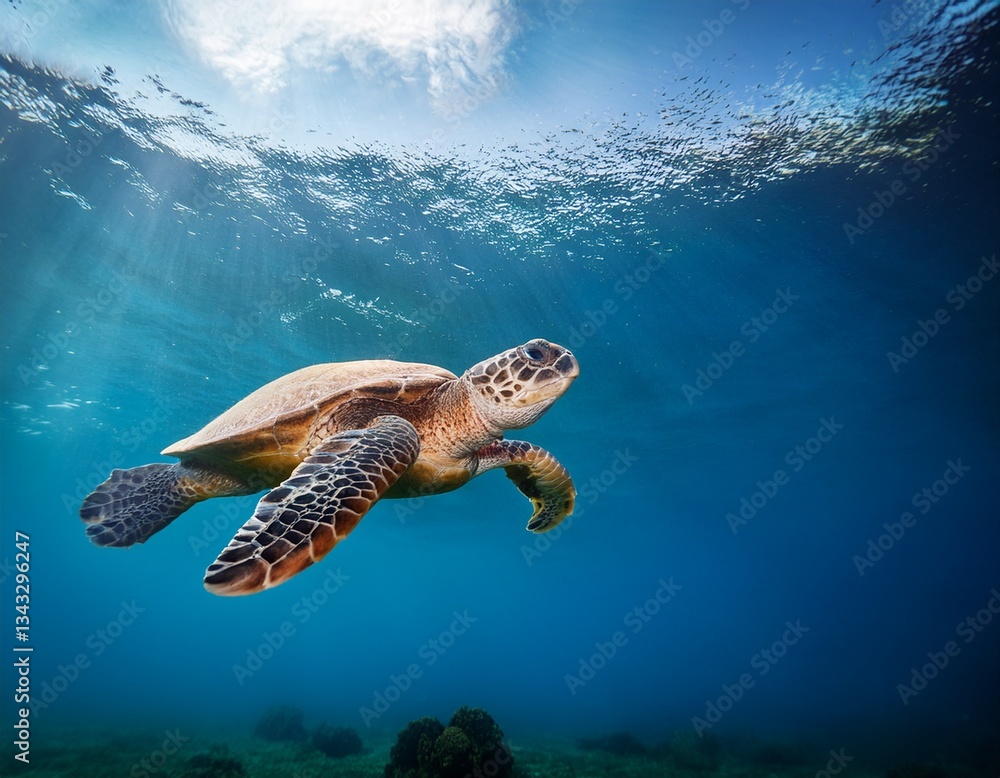 Obraz premium graceful sea turtle swimming below sunlit water surface light reflections ocean ecology marine life underwater photography nature conservation