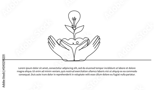 Continuous one line design of hand nurturing a plant with light bulb. Minimalist style vector illustration on white background.