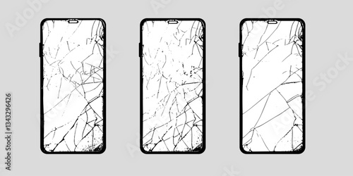 A broken phone screen. A smartphone with a cracked screen. Realistic texture of the cracked device display. A set of isolated objects for the design.