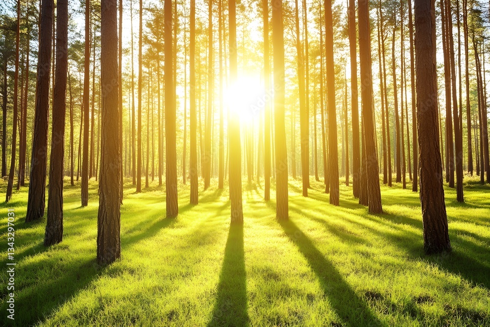 Sunlit Forest Golden Hour Pine Trees Green Grass Nature Background Sunlit Forest Golden Hour Pine Trees Green Grass Nature Background