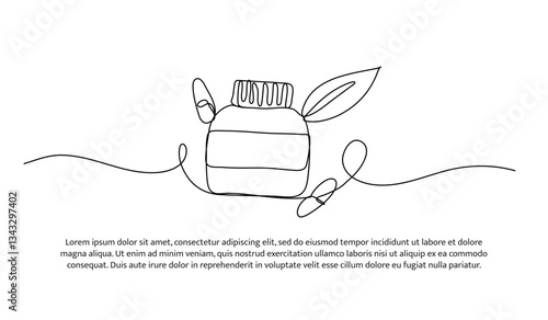 Continuous one line design of a supplement bottle with leaves. Minimalist style vector illustration on white background.
