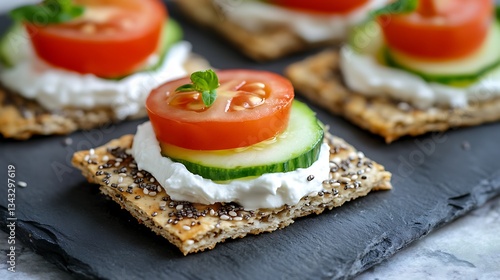 Chia seed crackers with cream cheese cucumbers tomato