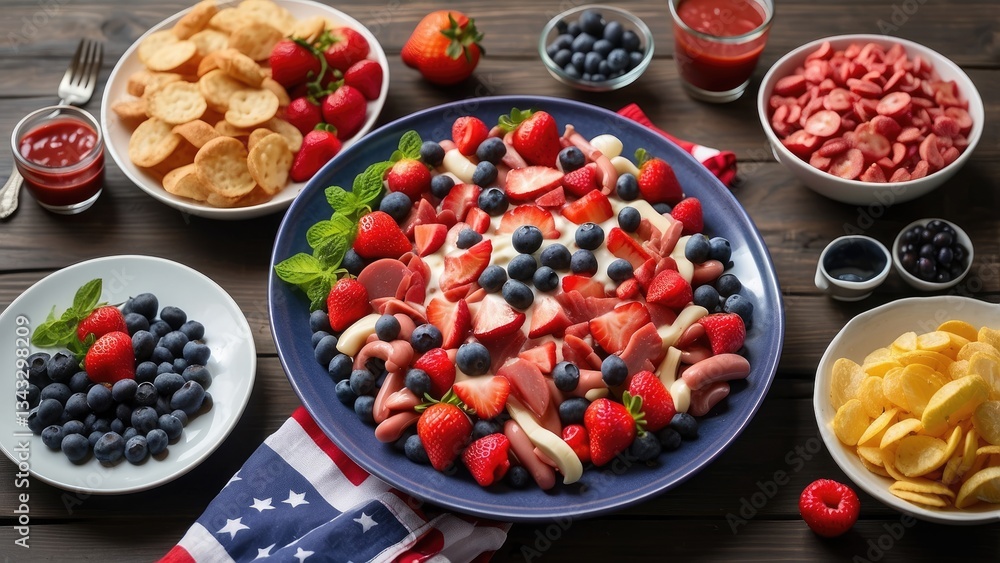 A top-down view of a festive table spread featuring a variety of foods. A top-down view of a festive table spread featuring a variety of foods.