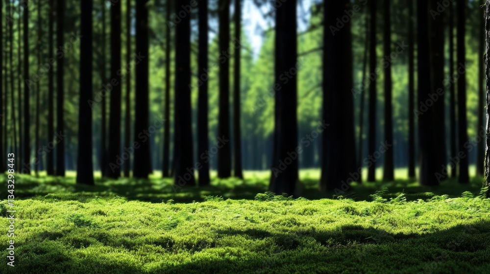 Fototapeta premium Serene Pine Forest Bathed in Sunlight, Embracing Nature's Tranquility and Beauty