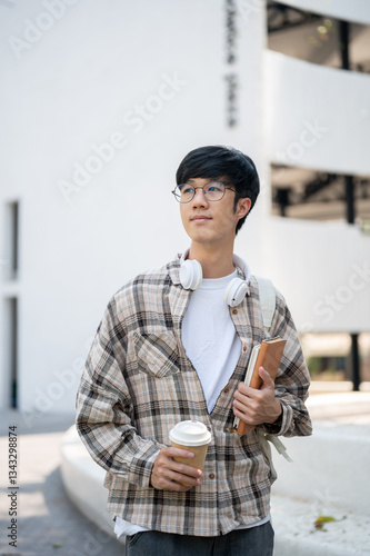 Asian man with glasses holding coffee and book while looking away, Walking outdoor or go somewhere