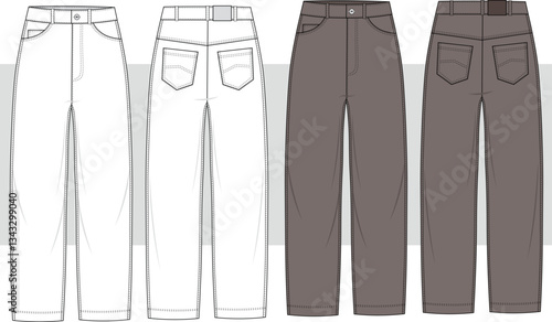 Unisex baggy regular fit comfort pants, fashion illustration, vector, technical sketch. Cad, Mockup.