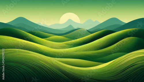 abstract green landscape with rolling hills and mountains stylized nature wallpaper digital illustration