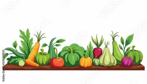 Colorful vegetable garden illustration on white background, healthy living
