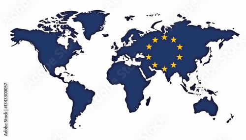 EU flag on world map silhouette, global unity and identity