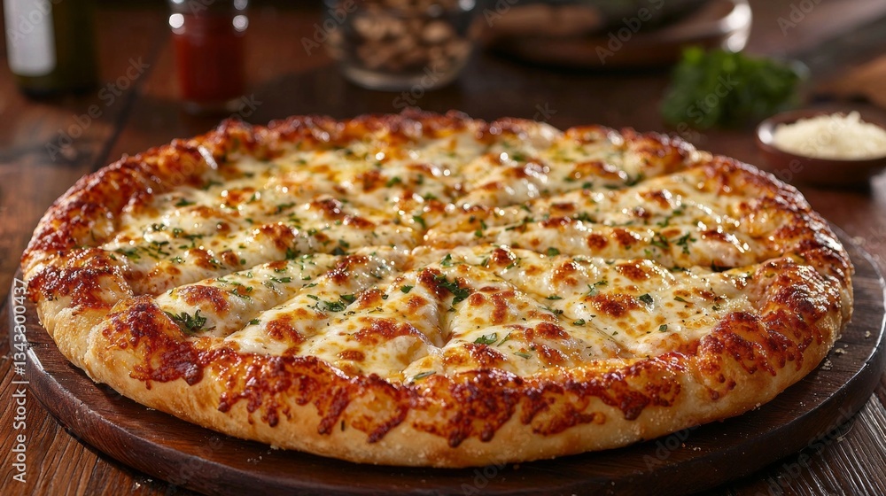 A large pizza with cheese and herbs sits on a wooden cutting board A large pizza with cheese and herbs sits on a wooden cutting board