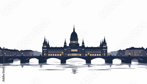 EU Parliament building illustration by water, architectural symbolism