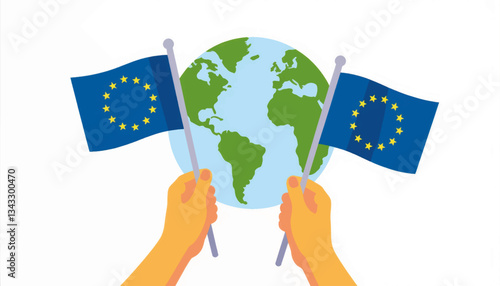 Hands holding EU flags with geometric globe in background, unity concept
