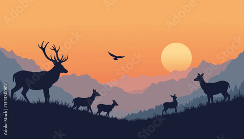 Serene deer family grazing at sunset, nature's tranquility