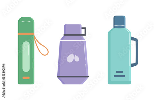 Collection of thermoses for travel or sports. Bottle vacuum. Thermos bottle icon. Vector illustration